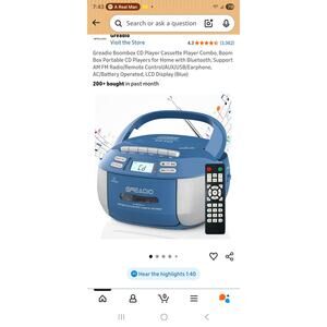 Greadio Boombox CD Player Cassette Player Combo, Boom Box CD Player(Blue)